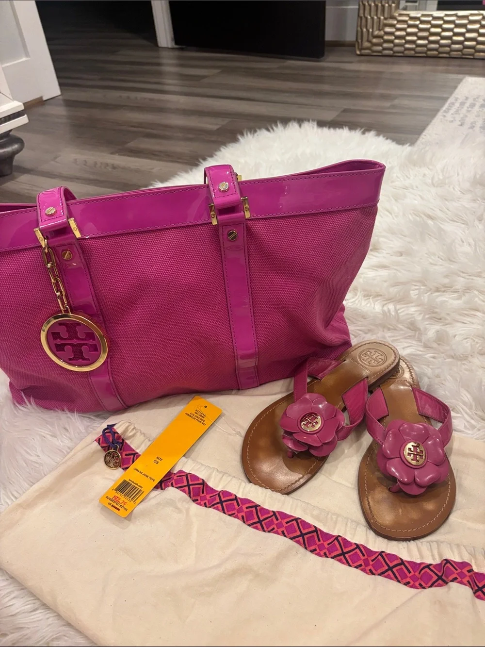 Tory Burch Hot Pink Tote with Gold Charm with tags